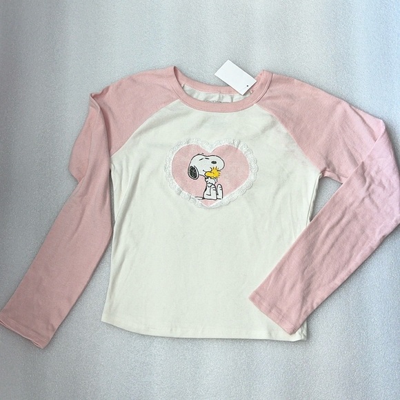 🆕 Peanuts Snoopy Tee Long Sleeves Lace Heart Woodstock Pink Juniors L - Picture 5 of 6
